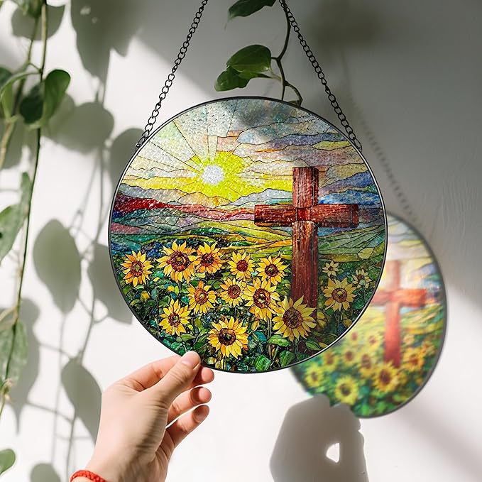 Cross Stained Glass Sun Catcher, Stained Glass Window Hanging, 8 Inch Suncatchers for Windows, Window Hanging Ornament, Easter Faith Home Decor, Cross Gifts, Gift for Religious, Christian Gifts