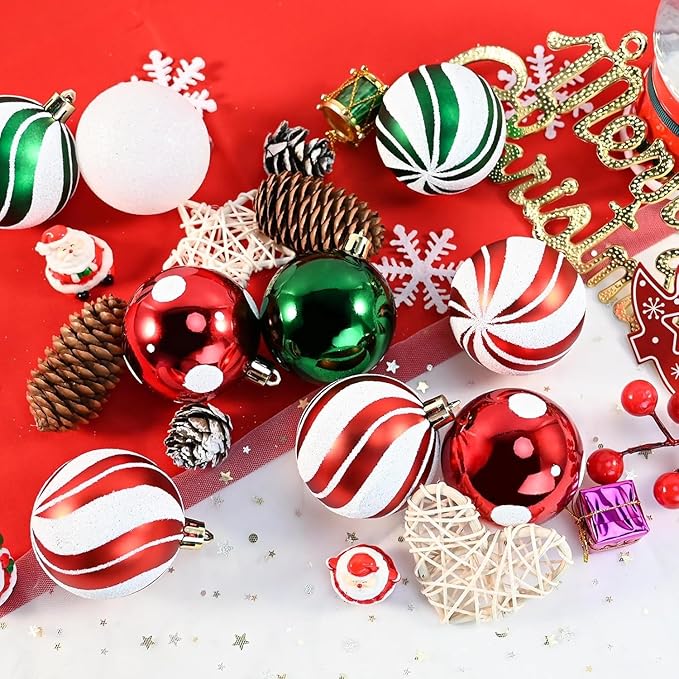 30pcs Christmas Balls Ornaments - 2.36" Red & Green & White Xmas Balls Decoration, Shatterproof for Christmas Tree & Party Event (Style-22)