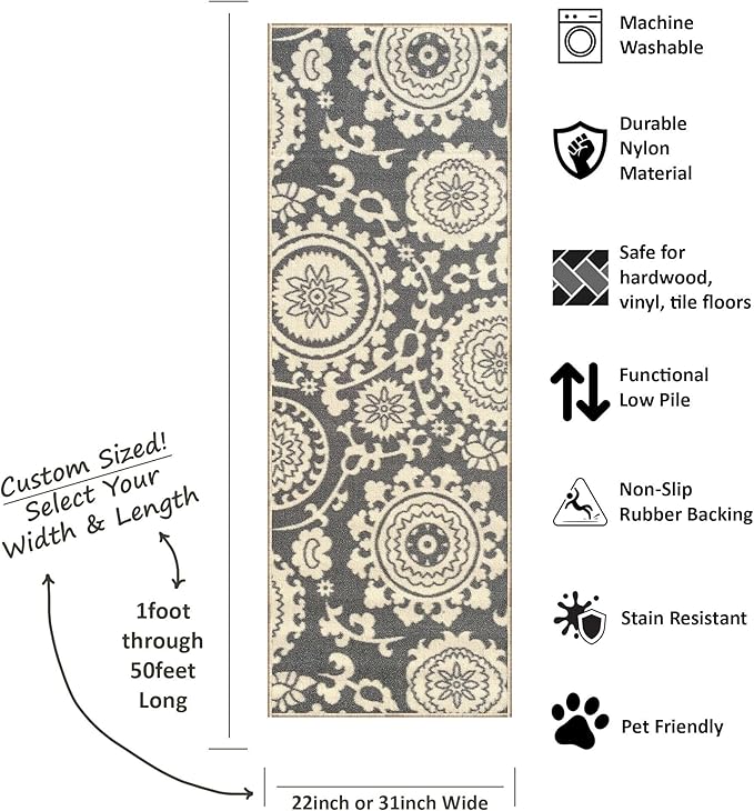 Kapaqua Custom Size Grey Floral Medallion Rubber Backed Non-Slip Hallway Stair Runner Rug Carpet 31 inch Wide Choose Your Length 31in X 25ft