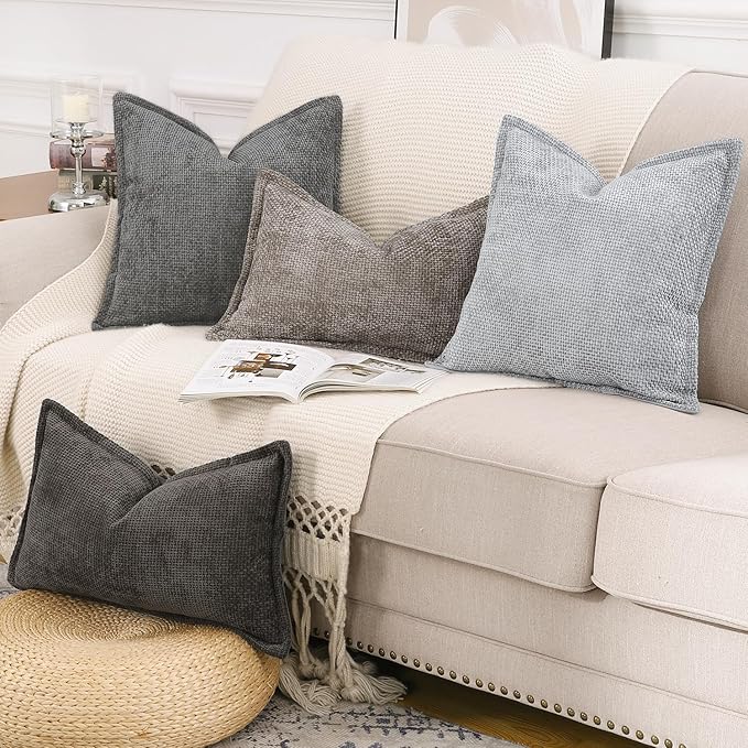 MADIZZ Chenille Velvet Throw Pillow Covers with Flange Set of 2 Super Soft Boho Textured Pillow Covers Decorative Throw Pillowcases Modern Farmhouse Home Decor for Sofa Bedroom Dark Grey 20x20 Inch
