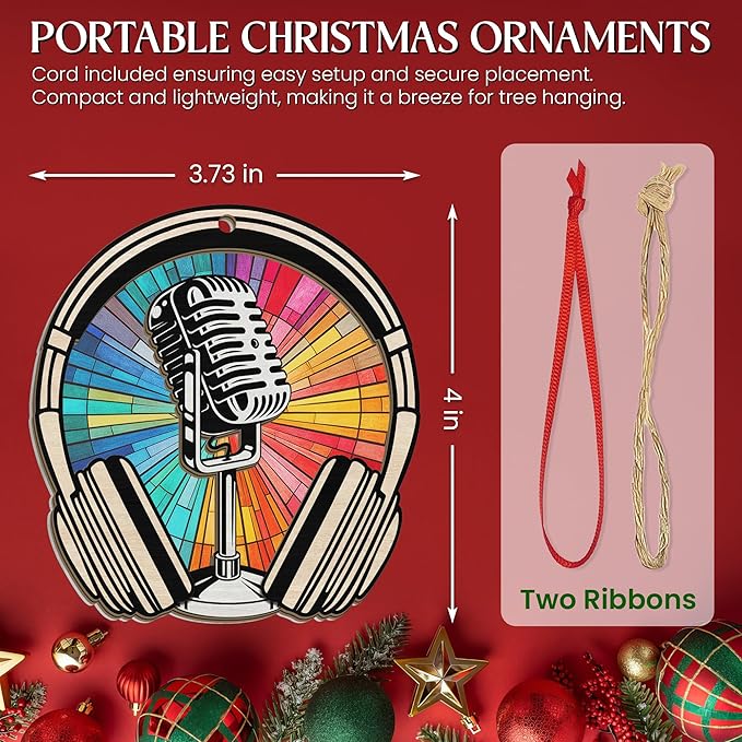 GEEMBI Christmas Microphone Ornament - Suncatcher Microphone Christmas Ornaments 2025 for Tree Decorations - Music Teacher Gifts for Men Women Musicians Friends, Music Ornaments, Stocking Stuffers