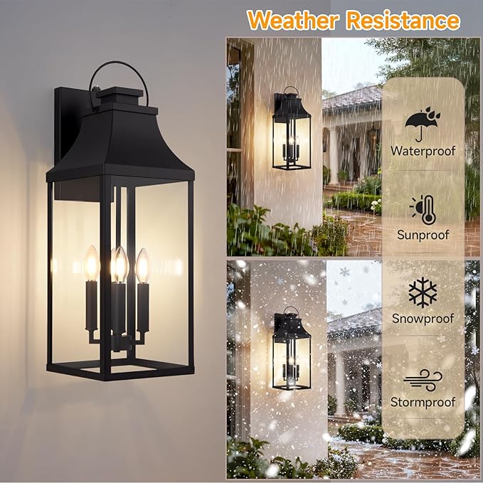 tewei 25'' Dusk to Dawn Outdoor Wall Light, Large Black Outdoor Porch Light Waterproof Patio Lanterns, Exterior Wall Mount Lighting Fixtures, 4-Light Outside Garage Sconces for House Front, 1-Pack