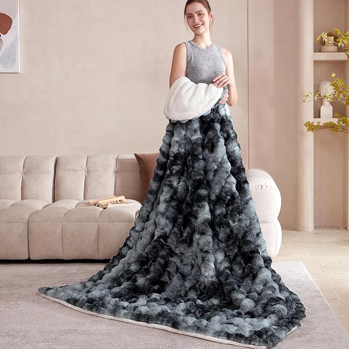 60x80 Inches Ultra-Soft Fuzzy Faux Fur Plush Twin Size Blanket - Thick, Warm Sherpa for Couch, Sofa, Bedroom, Camping - Decorative Blanket for Cozy Warmth, Bubble Black Tie Dye