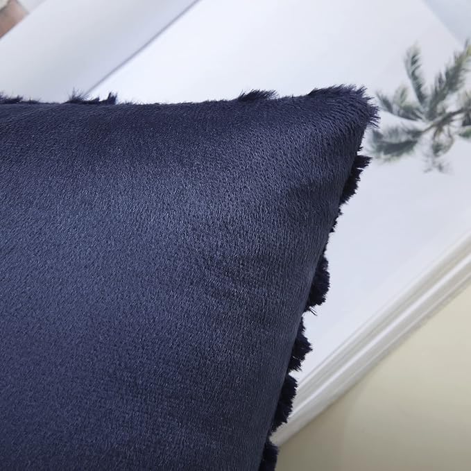 decorUhome Throw Pillow Covers 12x20 Inch Set of 2, Soft Plush Faux Wool Navy Blue Solid Couch Pillow Covers, Accent Farmhouse Neutral Lumbar Pillow Cases for Sofa Bed Living Room