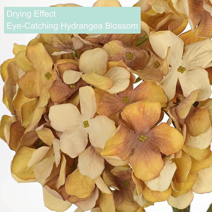 Oairse Fall Brown Hydrangea Artificial Flowers, 19.6in Dried Textured Silk Hydrangea Flowers with Stems 3 Pcs Fake Flower Bouquet Faux Floral Stems Artificial Flower Bulk for Table Wedding Home Decor