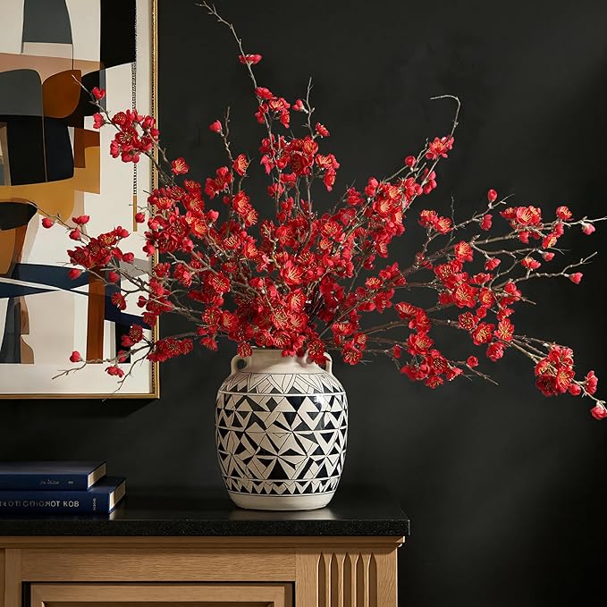 6 PCS Artificial Cherry Blossom Branches Spring Indoor Decoration, Faux Flowers 34.45" Long Stems Red Plum Fake Peach Plants Real Touch Silk for Wedding Home Bedroom Party Table Office