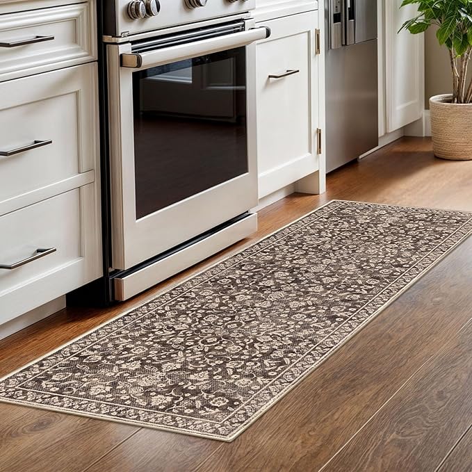 Vintage Washable Runner Rug 2x6, Rust Brown Red Runners for hallways, Super Soft Kitchen Runner Rug Non Slip, Printed Faux Wool Floral Thin Carpet Runner for Entryway Laundry Room Bedroom