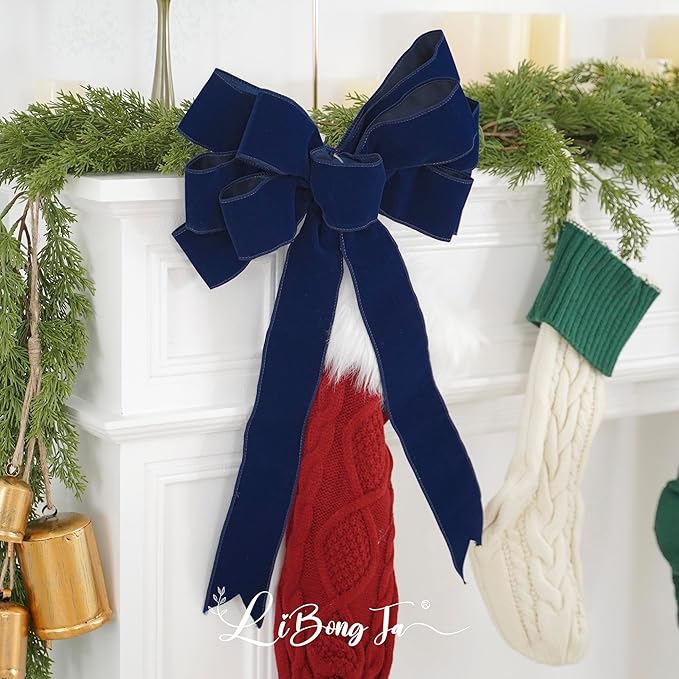 13" Navy Blue Velvet Christmas Tree Topper Bow, Premade for Wreaths, Gift Bows, Home Decor