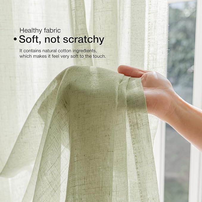 Anmao Natural Linen Curtains for Living Room 102 Inch Length 2 Panels Set, Light Filtering Semi Sheer Window Curtain Drapes for Bedroom with Curtain Rings and Clips, 52 Inch Wide Each Panel, Sage