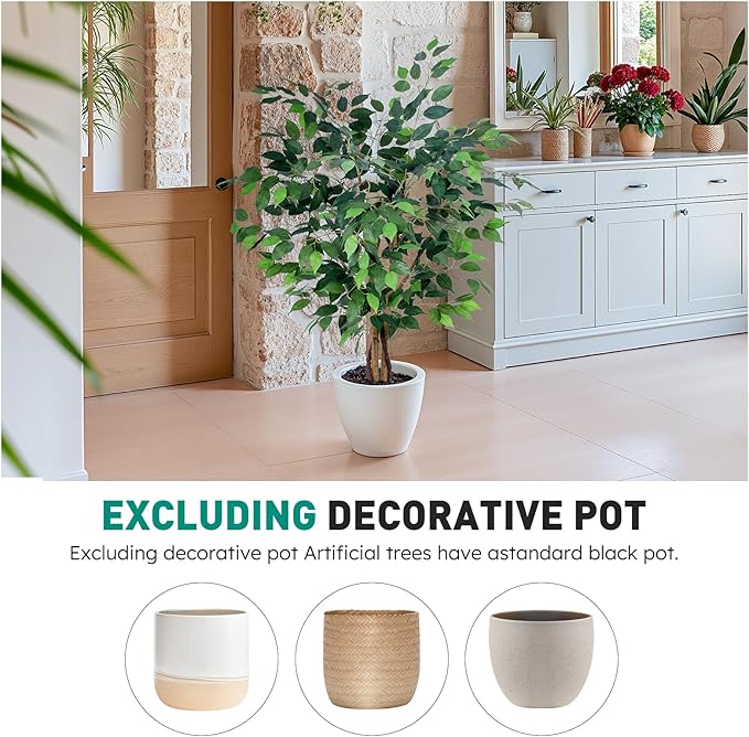 Artificial Ficus Tree 4ft, Artificial Plants Indoor with Realistic Leaves & Trunk, Fake Plants for Home Office Living Room Decor.