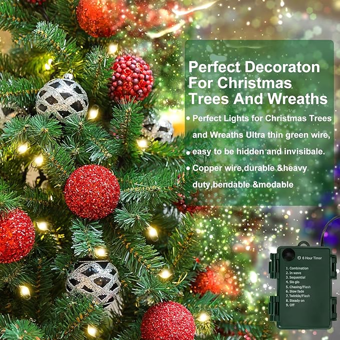Outdoor Fairy Lights Battery Operated,20Ft 200LED Green Copper Wire Cluster Lights with Timer,Twinkle Firecracker String Lights, Mini Lights for Christmas Tree Wreath,Warm White,2 Pack