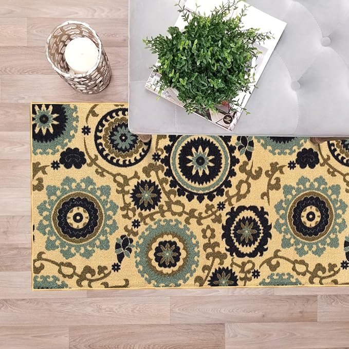 Custom Size Beige Floral Medallion Rubber Backed Non-Slip Hallway Stair Runner Rug Carpet 22 inch Wide Choose Your Length 22in X 10ft