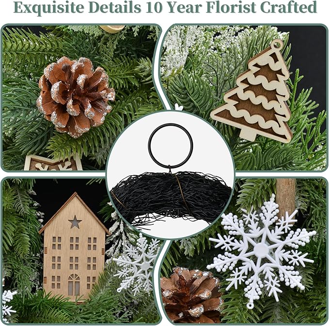 24" Winter Wreath with Wooden House Ornaments, Snowflakes, Deadwood Branches, and Pinecones—Christmas Wreaths, Indoor Outdoor Home Snow Scene Holiday Winter Door Wreath, Natural Forest Theme