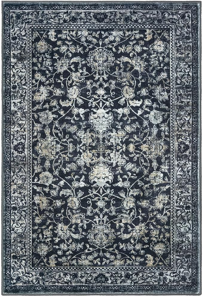 KILOCOCO Area Rug 5x7 Living Room Rug Washable Printed Vintage Floral Non Slip Soft Rubber Backed Indoor Bedroom Rugs for Laundry Room Kitchen Playroom Moroccan Area Rugs, Navy/Charcoal