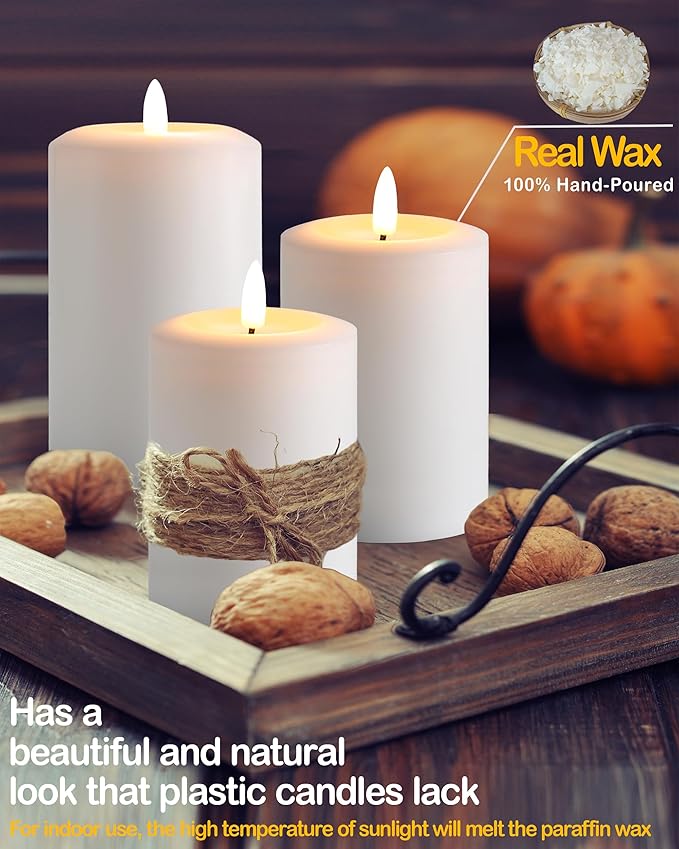 3"x6" Flickering Flameless Candles with Remote Timer, Real Wax, White Pillar Candles, Set of 3 Large LED Battery Operated Candles for Home, Fireplace, Centerpiece, Rustic and Farmhouse Decor