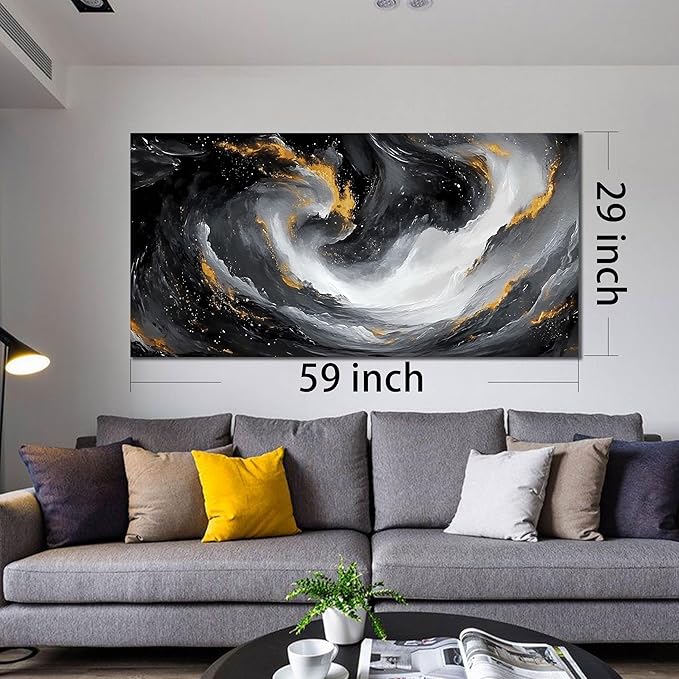 SIXTTART Large Abstract Canvas Wall Art for Living Room - Modern Pictures Wall Art for Office - Black White and Gold Wall Art for Bedroom Size 29" x 59"