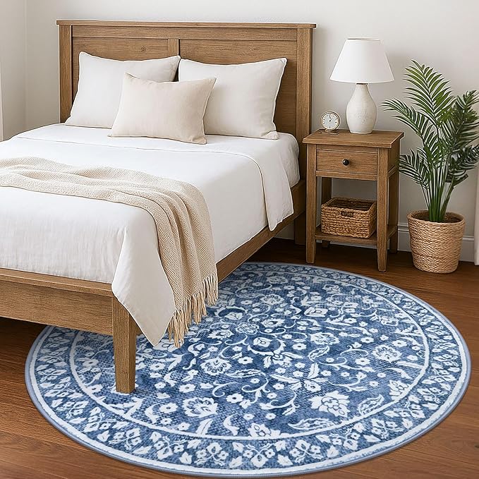 Blue and White Round Rug 5 Ft Rugs for Entryway Washable Circle Entrance Rug Non Slip Round Doormat Indoor Printed Faux Wool Round Front Door Mat Floor Carpet for Backdoor, Bedroom