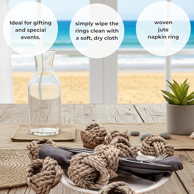 ALPHA Living HOME Woven Napkin Rings Set of 6 - Nautical Napkin Ring Premium 100% Jute Napkin Rings Table Decor with Rustic Charm for Harvest, Thanksgiving, Christmas, Parties & Dining(Brown)