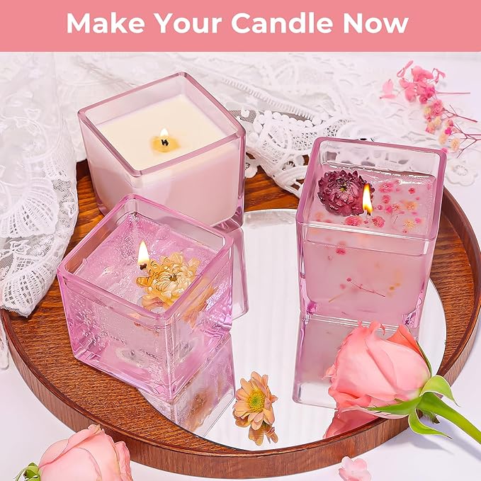 CONNOO 12 Pack 9 OZ Pink Square Candle Jars for Making Candles, Thick Glass Bulk Empty Candle Containers with Airtight Bamboo Lids for Candle Making, Sticky Warning Labels - Dishwasher Safe
