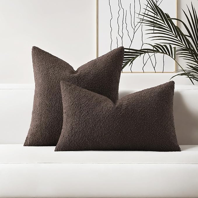 HAUSSY Set of 2 20x20 Decorative Throw Pillow Covers, Soft Cozy Textured Boucle Couch Cases, Home Decor for Couch Bed Living Room, Dark Coffee