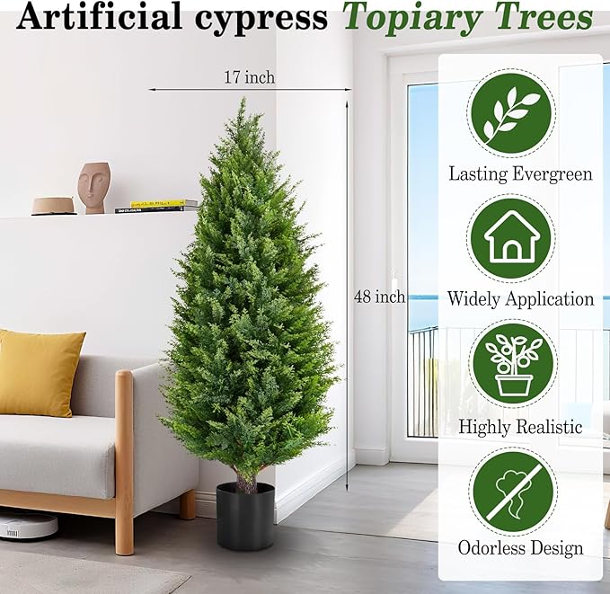 Artificial Topiary Tree 2-Set - 4 Feet Tall UV Protected Faux Cedar Pines - Outdoor & Indoor Decor - Heavy Duty Pots - Realistic Fake Tree - Artificial Plants Outdoor