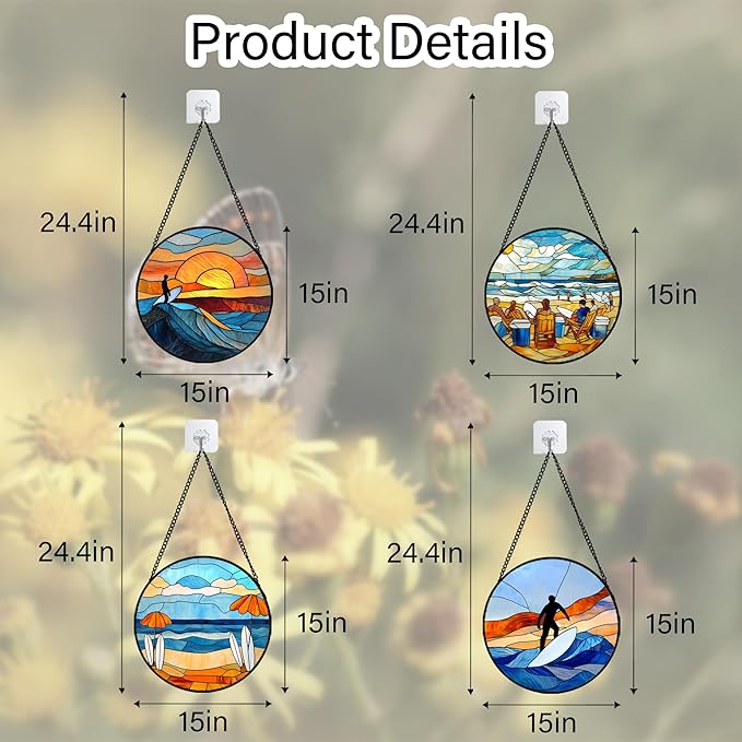 Stained Glass Window Hanging 4 Pcs Set Blue Ocean Surfing Beach Large 15" - Suncatcher Door Garden Sun Catcher Decor Birthday Mother's Day for Firefighte Men Woman Nana Mom