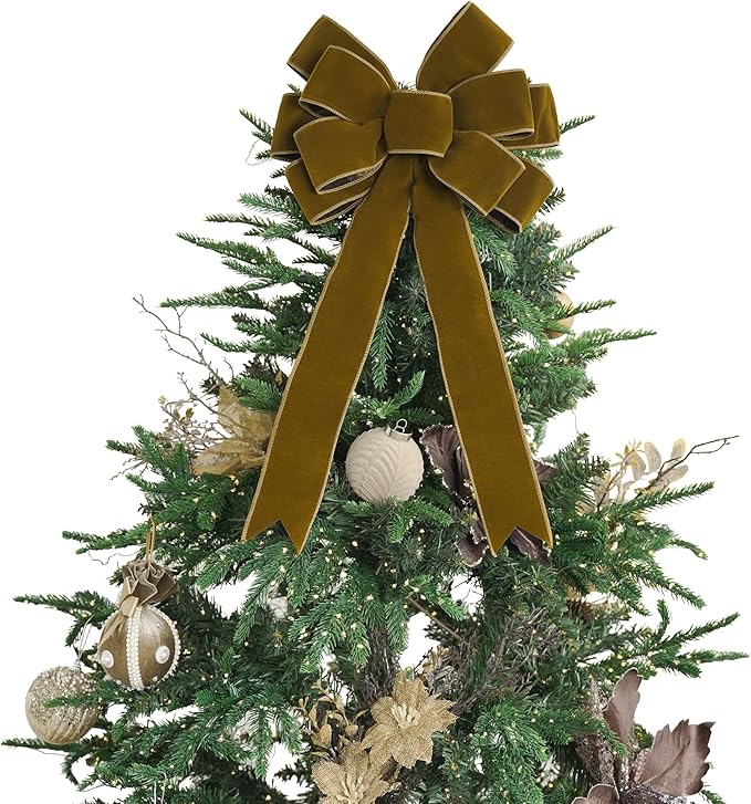 13" Khaki Pre-Tied Velvet Bow for Christmas Tree, Rustic Bow for Wreaths, Wedding, Premade Bows with Twist Tie, Tree Toppers Bows for Party Favor, Christmas Home Indoor Outdoor Decor-1 PCs