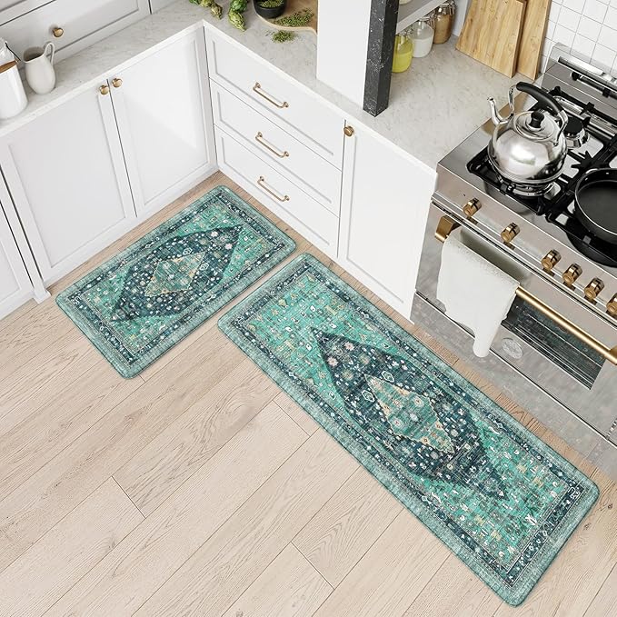 Collive Boho Kitchen Mats for Floor 2 Piece, Cushioned Anti Fatigue Kitchen Floor Mat Non-Skid Waterproof Under Sink Rug, Teal/Multi Comfort Standing Desk Rugs for Office, 17"x30"+17"x47"