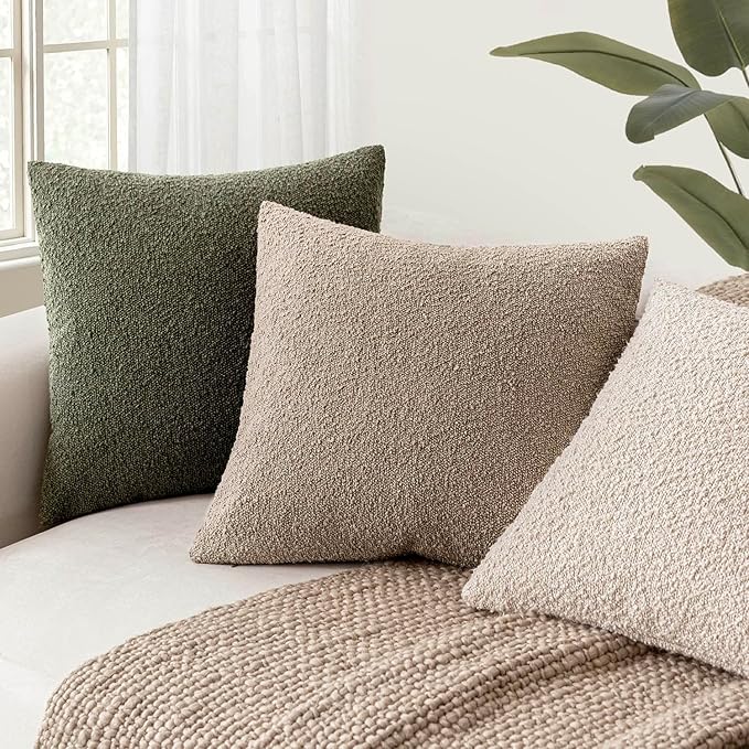 Foindtower Pack of 2 Textured Boucle Throw Pillow Covers Neutral Accent Solid Decorative Pillow Cases Cozy Woven Couch Cushion Case for Sofa Bedroom Living Room Home Decor 20x20 Inch Light Khaki Tan