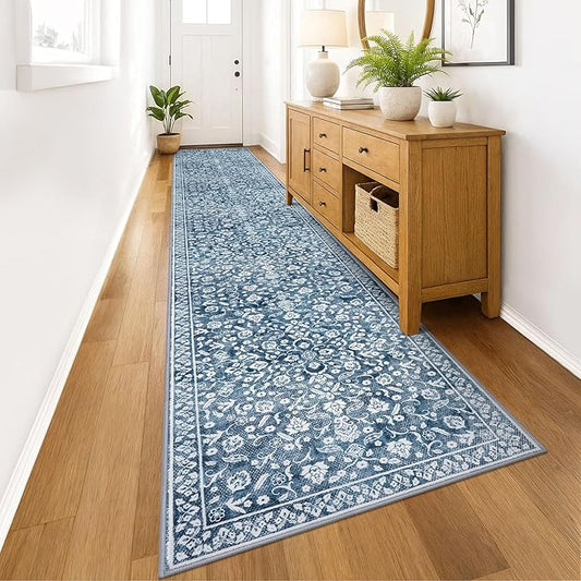 Vintage Runner Rugs for Hallway 3x16, Blue and White Washable Long Hallway Runner Rug Non Slip, Super Soft Kitchen Runner Rug, Print Faux Wool Floral Thin Carpet Hall Runner