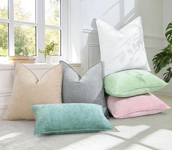 decorUhome Christmas Couch Throw Pillow Covers 22x22 Set of 2, Decorative Soft Euro Velvet Neutral Chenille Pillow Covers with Elegant Design for Sofa Bed Living Room Home Decor, Beige