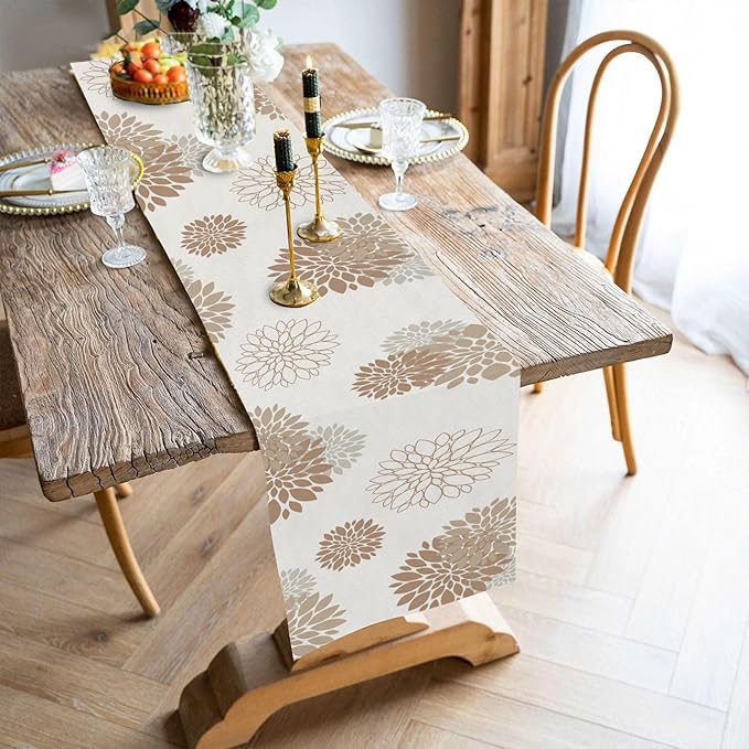 Coffee Brown Dahlia Table Runner Modern Elegant Flower Beige Table Runners Geometric Pompon Farmhouse Table Center Decor for Home Kitchen Dining Party Indoor Outdoor (13x72 Inch)