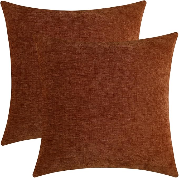 Terracotta Chenille Decorative Couch Throw Pillow Covers, Soft Cushion Cases for Home Livingroom Sofa Décor, Pack of 2, 18 x 18 Inches