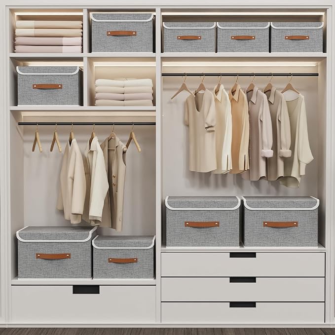 Yawinhe Storage Bins with Lids, Closet Baskets, Washable and Leather Handle, Collapsible Boxes for Home, Grey, 17.7''Lx11.8''Wx11.8''H, 5-Pack, USNK024GX-5