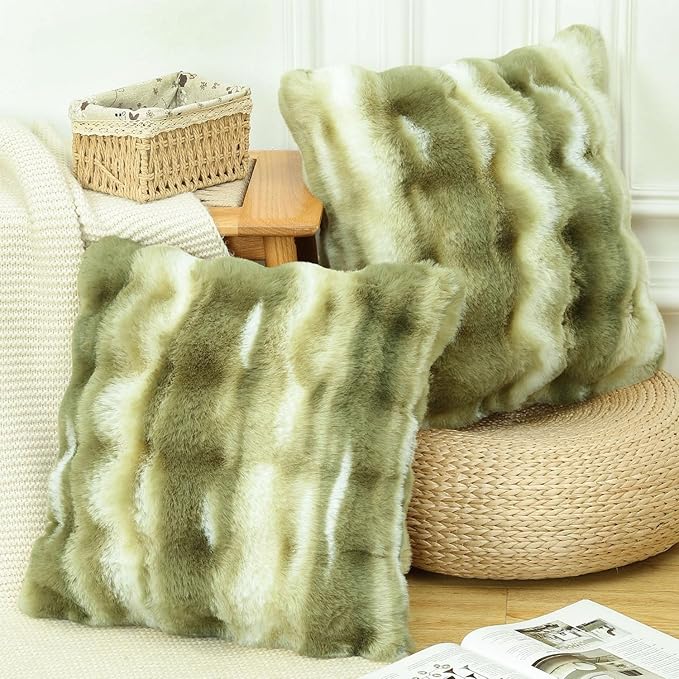 MADIZZ Pack of 2 Thick Plush Wool Throw Pillow Covers 18x18 Inch Green Soft Neutral Decorative Throw Pillows Accent Boho Cushion Covers for Couch Sofa Bedroom Pillow Shell