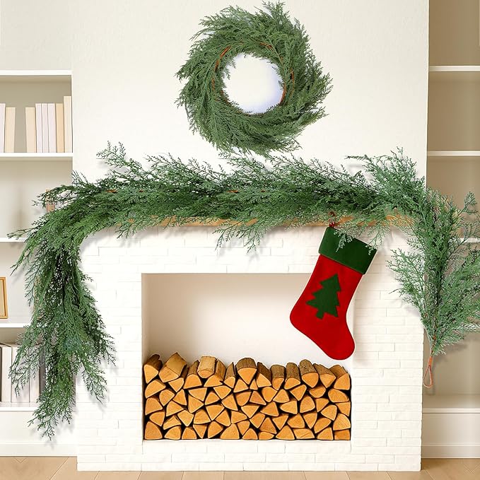 Artificial Cedar Christmas Garland Real Touch Realistic Soft and Thickness Garland Faux Full Greenery Holiday Garland for Mantel Fireplace Front Door Indoor Outdoor Xmas Decor (6FT-Deluxe Cedar)