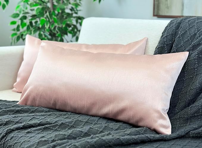 Aiking Home 12x24 Inches Faux Silk Rectangular Throw Pillow Cover, Zipper Closure, Rose Pink (Set of 2)