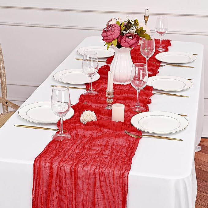 12 Pack Red Cheesecloth Table Runner,10FT Gauze Boho Table Runner 20x120inch Rustic Sheer Cheese Cloth Table Runner for Wedding Party Bridal Shower Table Thanksgiving Christmas Decoration