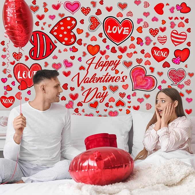 Eersida 214 Pcs Valentine‘s Day Wall Decals Removable Love Heart Wall Stickers Red Heart Window Stickers Wedding Anniversary Romantic Love Decoration for Holiday Kitchen Living Room Home Decor