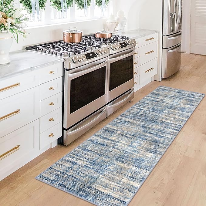 Modern Abstract Runners for Hallways 2x6, Kitchen Rug Blue Beige Washable Runner Rug Non-Slip Print Striped Ultra Thin Floor Carpet for Entryway Laundry Room Bedroom Bathroom Mat