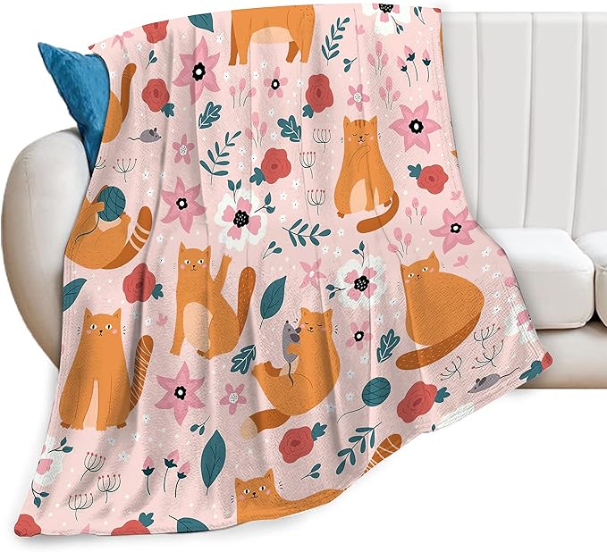Cute Cat Throw Blanket Cozy Plush Orange Kitten Mouse Flannel Fleece Ultra Soft Blankets Unisex Lightweight Fuzzy Flower Party Blanket Gifts for Bed Couch Sofa Boys Girls 50"x40"