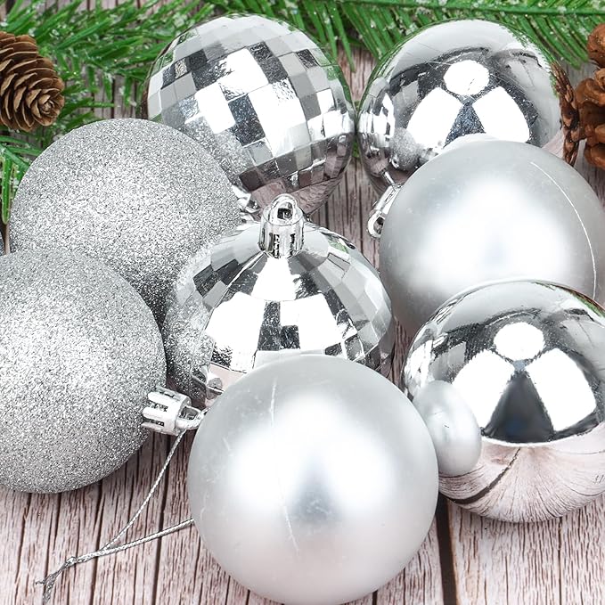 Aitsite 24ct Mini Shatterproof Christmas Ornaments Set, 1.57 Inch Diameter, Silver, Glossy, Frosted, Glitter, Mirrored, Perfect for Christmas Decorations