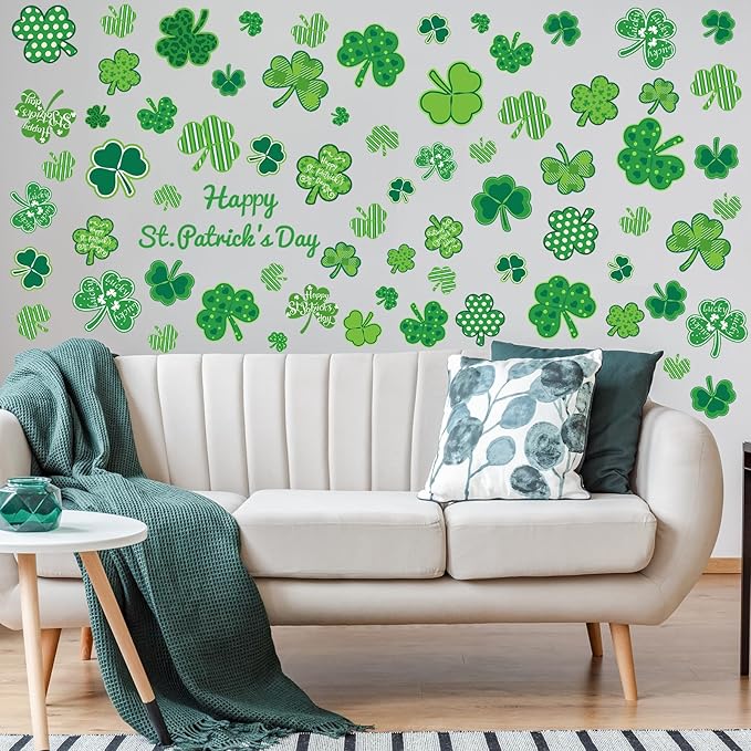 Eersida 6 Sheets St. Patrick's Day Wall Stickers Shamrock Wall Decals for Party Supplies Decorations Large Shamrock Green Quotes Wall Stickers St. Patrick's Happy Decals for Window Clings Glass
