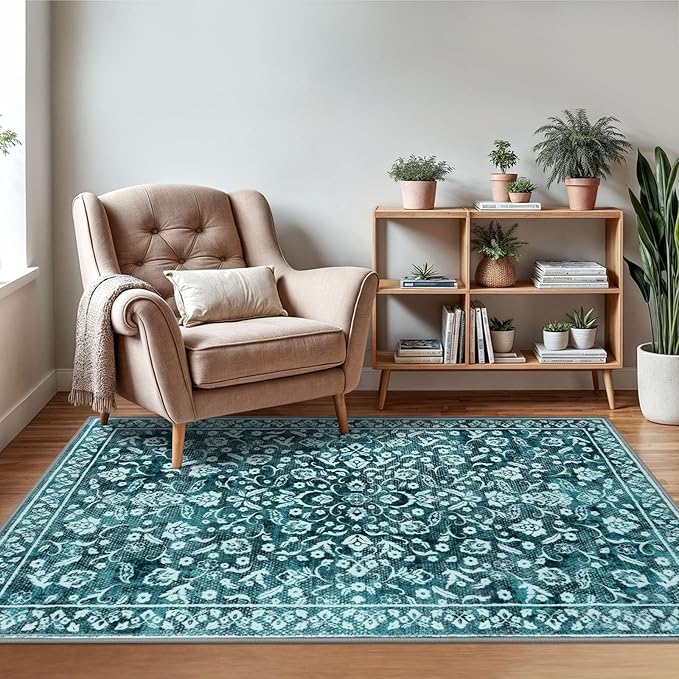 Vintage 3x5 Washable Rug for Entryway, Super Soft Dark Teal Entryway Rug with Non-Slip, Printed Faux Wool Floral 3x5 Area Rug Thin Floor Carpet for Kitchen, Bedroom, Living Room