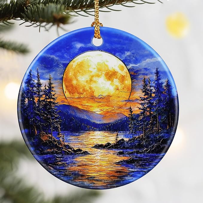 Christmas Ornaments, Dodosky 2.8in Ceramic Ornament, Xmas Decor, Christmas Tree Ornaments, Xmas Decorations for Tree, Holiday Ornament, Gift Ideas, Gifts for Women Men - Full Moon Over Forest Lake