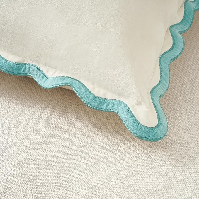 MONDAY MOOSE Decorative Throw Pillow Covers Cushion Cases, Set of 2 Soft Velvet Scalloped Wavy Edge Designs, Mix and Match for Home Decor, Pillow Inserts Not Included (18x18 inch, White/Light Blue)