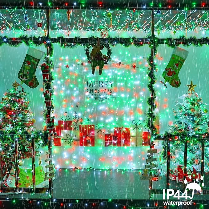 YEGUO 165ft 500 LED Christmas Lights Outdoor Waterproof, Clear Wire String Lights Indoor Plug in, 8 Modes Clear Wire Twinkle Tree Light for Xmas Party Garden(Red White and Green)