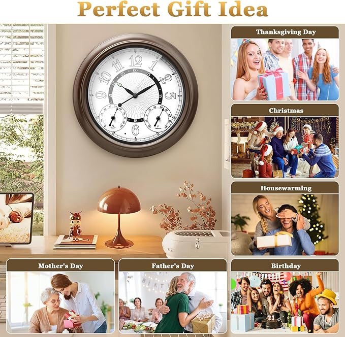 Illuminated Large Metal Outdoor Clocks Waterproof 18 Inches With AI Auto Light Smart Sensor,Extra Big Indoor Outdoor Wall Clocks With Thermometer & Hygrometer for Patio, Pool, Garden,Porch