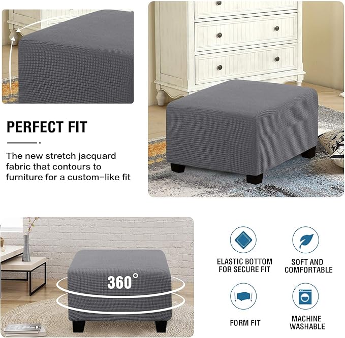 H.VERSAILTEX Square Ottoman Covers Ottoman Slipcovers Folding Storage Stool Furniture Protector Form Fit with Elastic Bottom, Stretch High Spandex Small Checks Jacquard Fabric(Large,Grey)