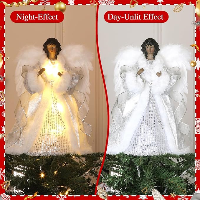 12.5" Black Angel Christmas Tree Topper with Lights, Lighted Angel Tree Topper with White Feather Wings and Star Light, Remote Control, Timer & USB Powered for Holiday Party Decor
